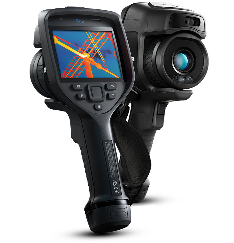 Two Teledyne FLIR E96 Thermal Cameras. One faces forwards and one faces backwards with a thermal image visible on its display. 