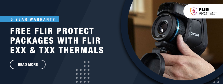 On the right of the banner a person holds a FLIR Exx Thermal Camera with the lens facing left. On the left of the banner, large white text on a dark blue background reads "Free FLIR Protect Packages with FLIR Exx & Txx Thermals"