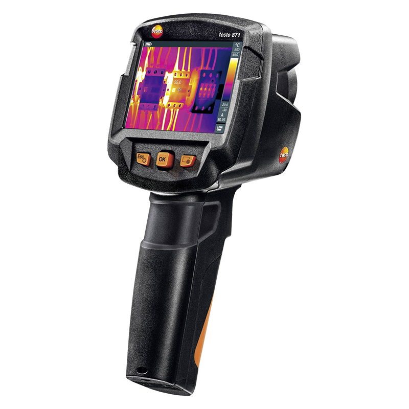 Testo 872s Thermal Camera with a thermal image of a an electrical circuit board on its display. 