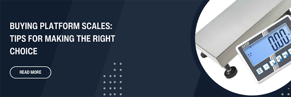 On the right is an angled Kern IFC Platform Scale in a large circle. . On the left of the banner, large white text on a blue background reads "Buying Platform Scales: Tips for Making the Right Choice". Beneath this is an oval "Read More" button. 