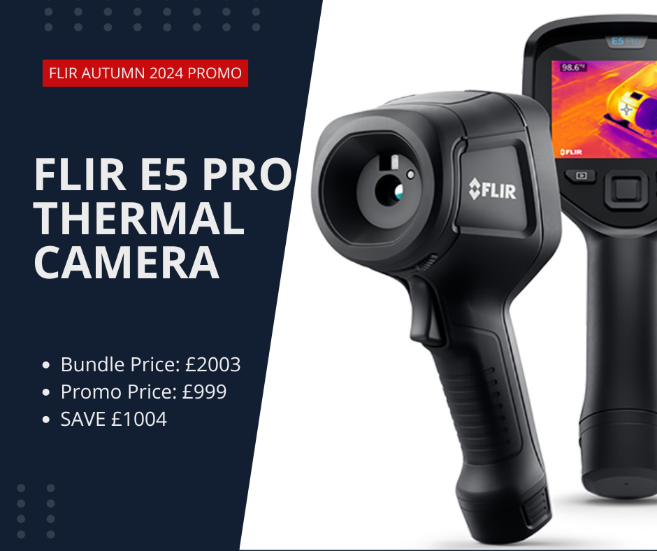 Two FLIR E5 Pro Thermal Cameras, facing front and back, are on the right side of the image. On the left, large white text on a blue background reads "FLIR E5 Pro Thermal Camera" Beneath this three bullet points read: "* Bundle Price: £2003; * Promo Price: £999; * SAVE £1004"