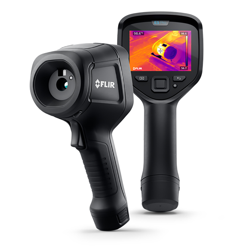 Two FLIR E5 Pro Thermal Cameras. The camera in the foreground faces forwards while the camera in the background faces backwards with a thermal image visible on its display. 