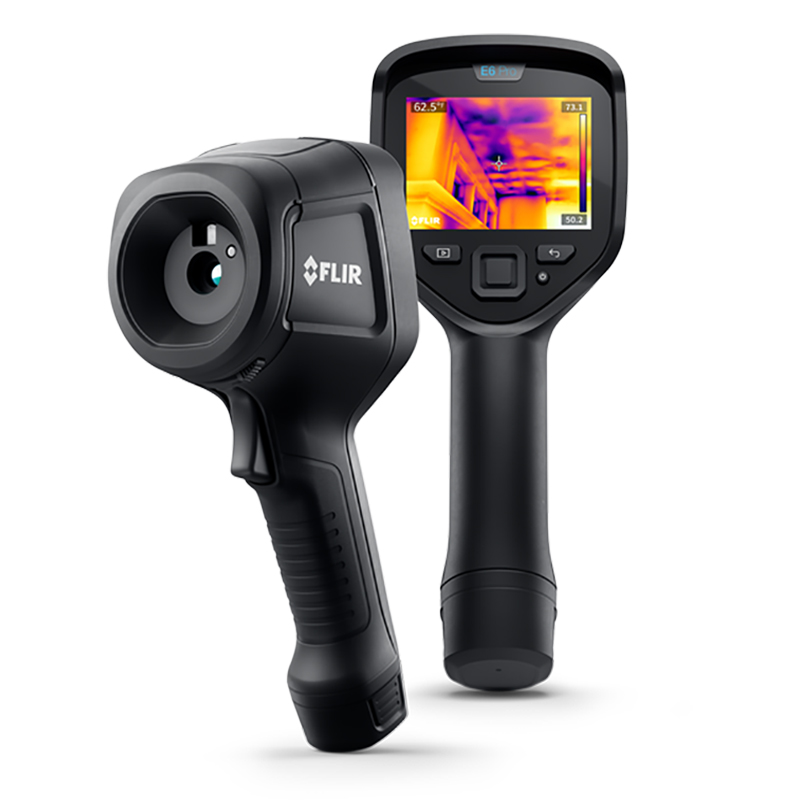 Two FLIR E6 Pro Thermal Cameras. The camera in the foreground faces forwards while the camera in the background faces backwards with a thermal image visible on its display. 