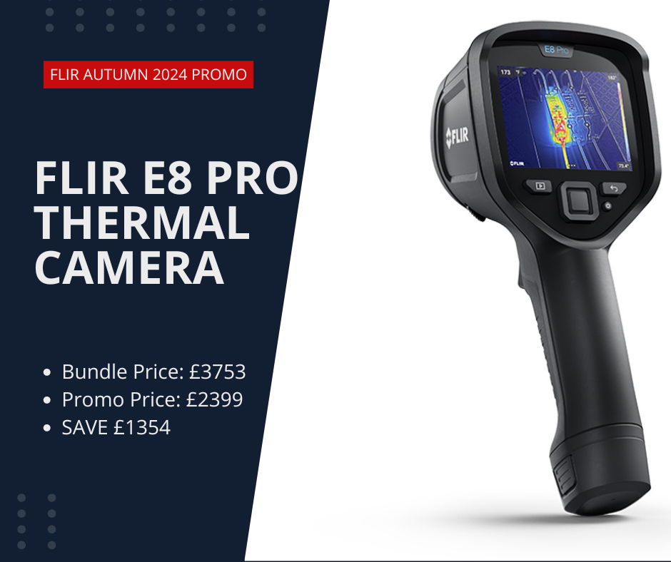 On the right of the image, a FLIR E8 Pro Thermal Cameras, faces backwards. On the left, large white text on a blue background reads "FLIR E8 Pro Thermal Camera" Beneath this three bullet points read: "* Bundle Price: £3753; * Promo Price: £2399; * SAVE £1354"