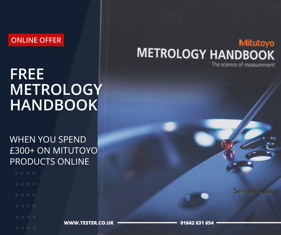 On the right is the Mitutoyo Metrology Handbook. On the left white text on a red strip reads "Online Offer", beneath this large white text reads "Free Metrology Handbook", and beneath this smaller white text reads "When you spend £300+ on Mitutoyo Products Online". 