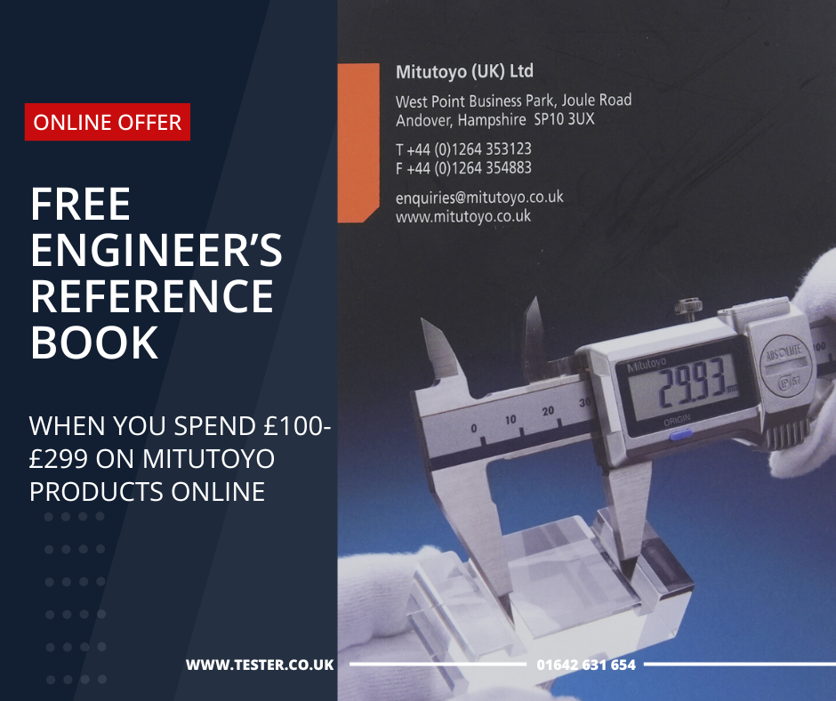 On the right is the Mitutoyo Metrology Handbook. On the left white text on a red strip reads "Online Offer", beneath this large white text reads "Free Engineer's Reference Book", and beneath this smaller white text reads "When you spend £100-£299 on Mitutoyo Products Online". 