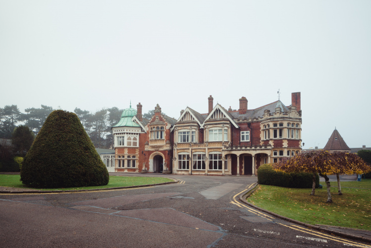 Colour photo of Bletchley Park Trust. As is typical in England, the weather is misty and overcast. 