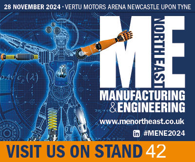 On the left is a robotic version of the Vitruvian man. On the right is a large version of MENE's logo. At the bottom blue text on an orange background reads "Visit Us On Stand 42". At the top white text on a blue background reads "28 November 2024 Vertu Motors Arena Newcastle Upon Tyne".  