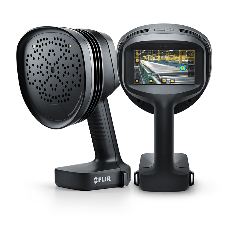 Two FLIR Si2 Acoustic Camera. The one on the left is angled to show the array of microphones. The one on the right faces backwards, displaying the screen. 