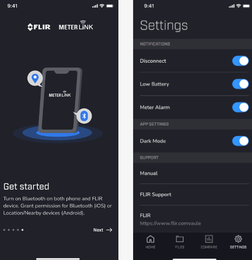 Two screenshots of the METERLiNK app. The screenshot on the left is the welcome screen and the screenshot on the right is the settings screen.