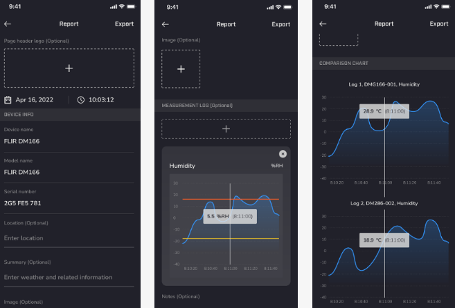 Three screenshots showing how a report is created in METERLiNK app. The first screenshot depicts the process of adding data from various FLIR meters. The second screenshot illustrates a line graph being analysed. The third screenshot shows a finished report. It depicts two line graphs, one above the other. A vertical line is drawn through both graphs at the same point.