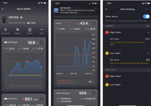 Three screenshots of data analysis within the METERLiNK app. The two screenshots on the left show line graphs. The screenshot on the right illustrates setting high and low alarms. 