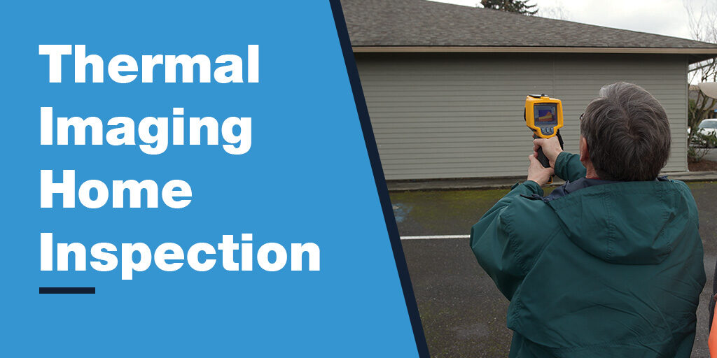 On the right a man in a green raincoat holds a pistol-shaped thermal camera to inspect a building. On the left, large white text on a light blue background reads "Thermal Imaging Home Inspection". 