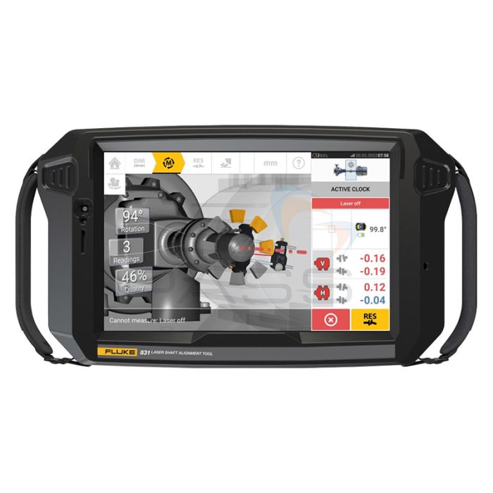 Fluke 831 Laser Shaft Alignment Tool in use showing the features of the instrument