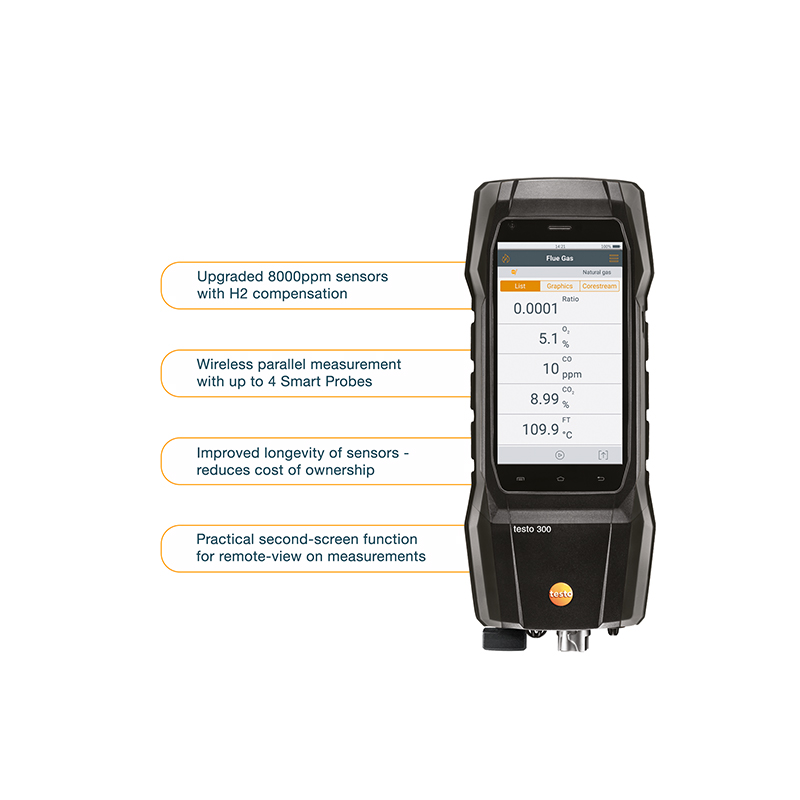 Testo 300+ Flue Gas Analyser with labels highlighting upgraded sensors; wireless smart probe measurements; improved sensor longevity; second screen function.