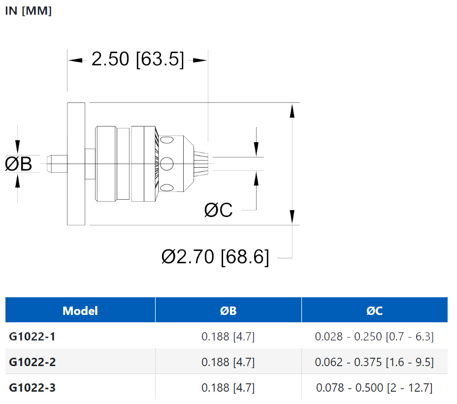 Mark-10 G1022-1/-2/-3 Jacobs Chuck Grip for Series TST Stands dimensions.