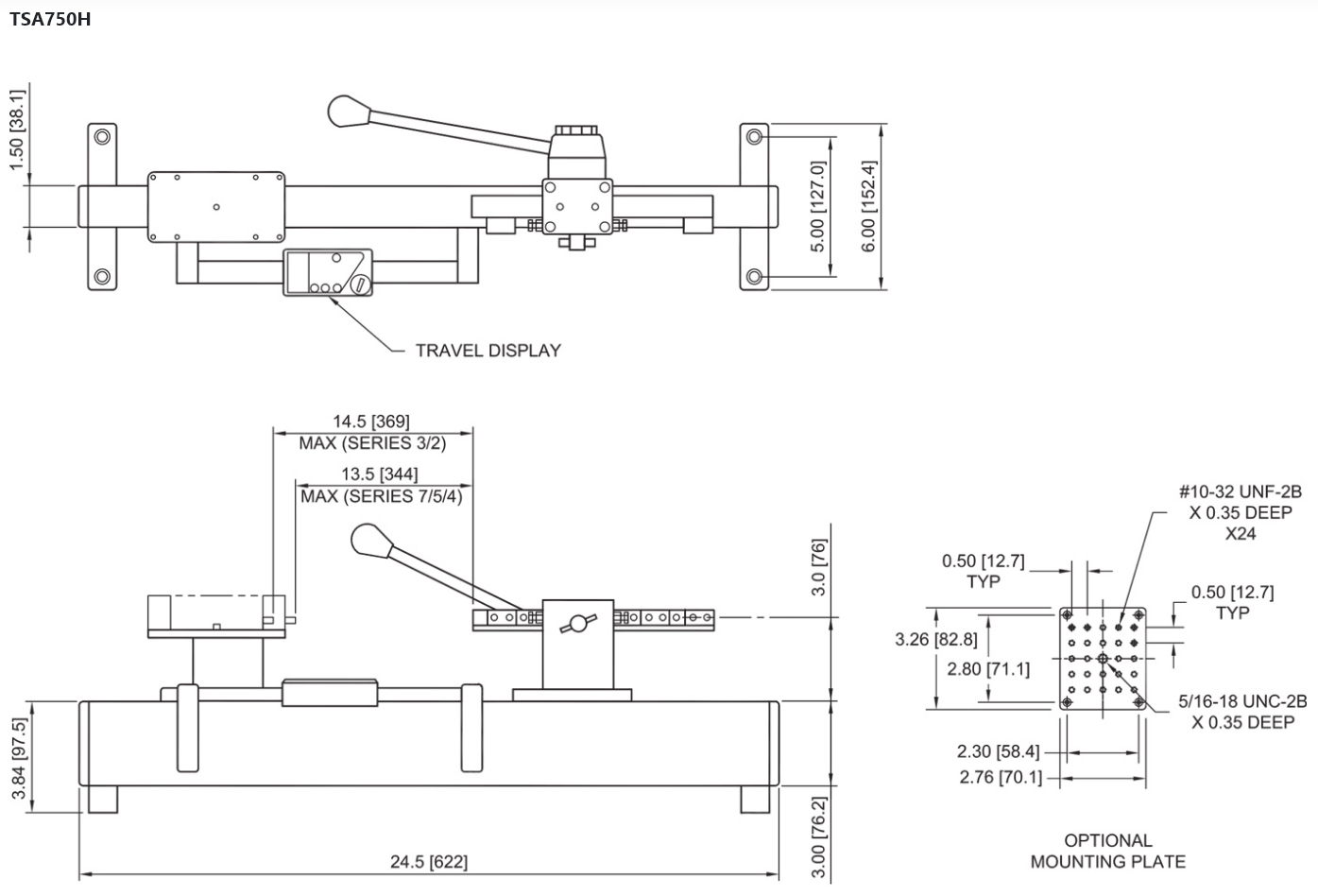 Mark-10 TSA750H Test Stand, Lever-Operated, dimensions