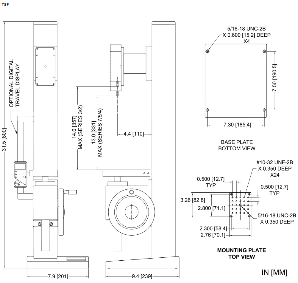 Mark-10 TSF Test Stand, Hand Wheel-Operated, 1000 lbF / 4.5 kN, Vertical