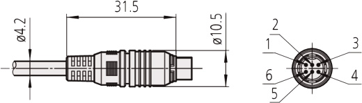 Mitutoyo 02AZD790E U-WAVE-T Data Cable E (160mm), Round, 6-Pin Type dimensions.